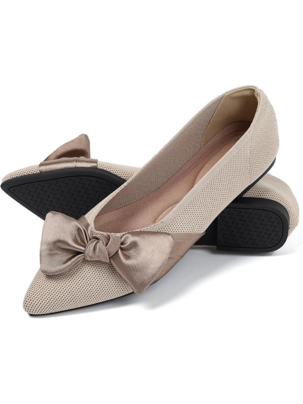 Womens Beige Comfortable Pointed Toe Bow Dressy Casual Slip On Ballet Flat Shoes